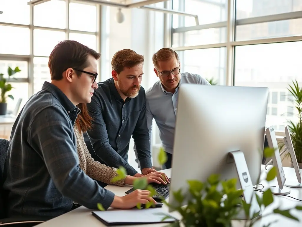 A professional workspace featuring a team collaborating on SEO strategies, with charts and data visible on multiple screens, symbolizing data-driven optimization.