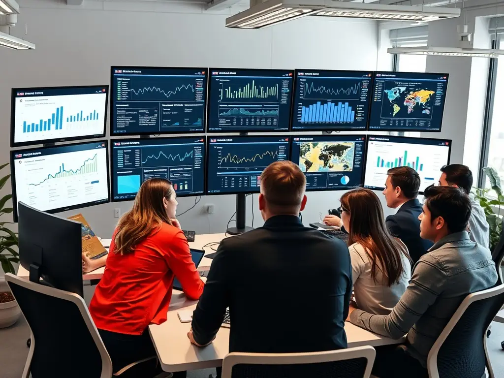 An image of a marketing team analyzing data on multiple screens, illustrating strategic planning.