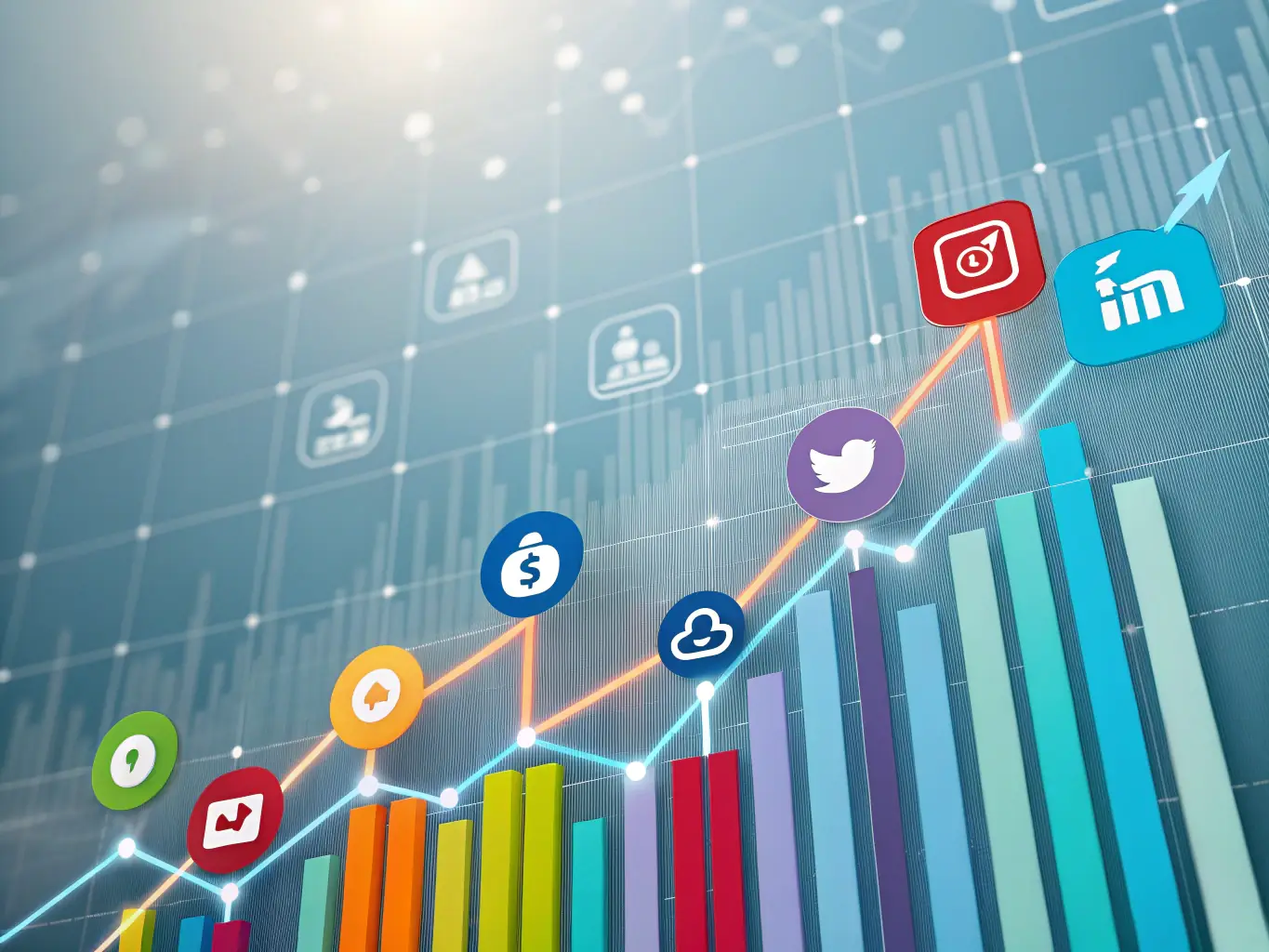 An image of social media icons with engagement metrics and content calendars.