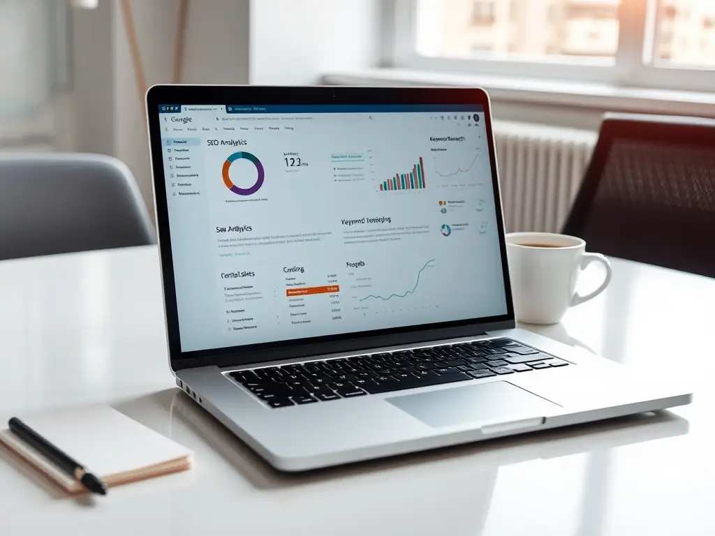 An image of a laptop displaying search engine results with content analytics graphs.